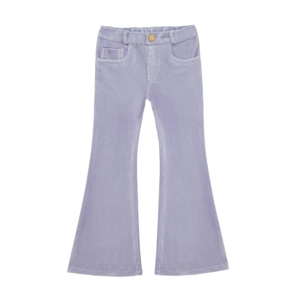 Little Hedonist 5-pocket flared pants in Lavender Frost, slim fit thighs, for boys and girls. Made from the softest organic fabric. Sustainable unisex kids clothing.