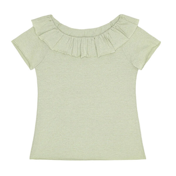 Little Hedonist light green organic cotton short sleeve shirt with a ruffled neck.