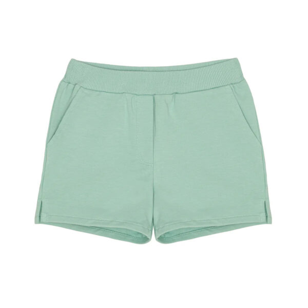 Little Hedonist organic cotton shorts with side pockets and splits for boys and girls in Neptune Green