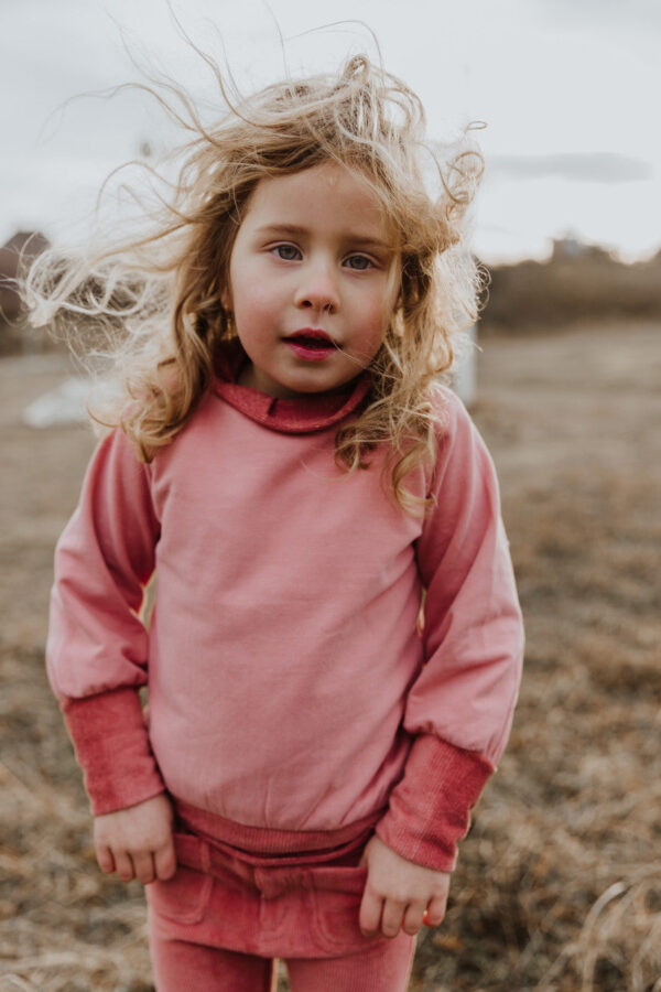 Little Hedonist organic long cuff sweater in Old Rose