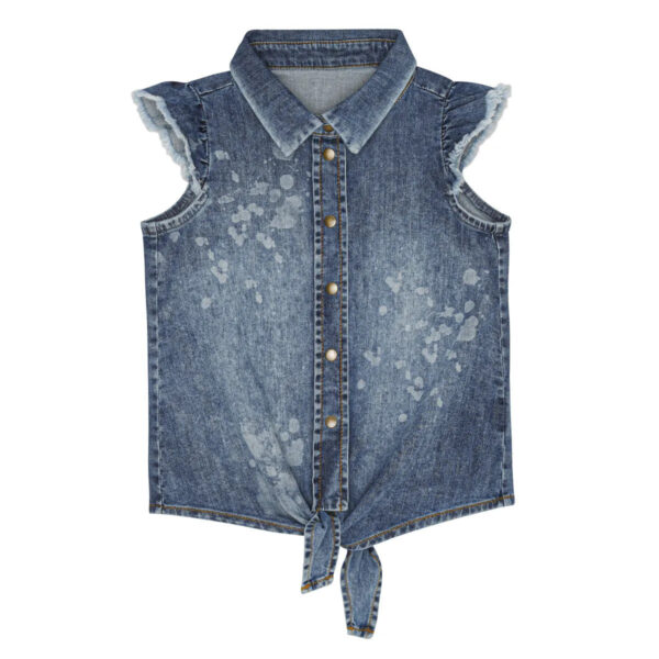 Little Hedonist denim with bleached stains knotted sleeveless shirt with bleached stains. Sustainable kids fashion made from our best organic cotton denim. Superfashion for girls!