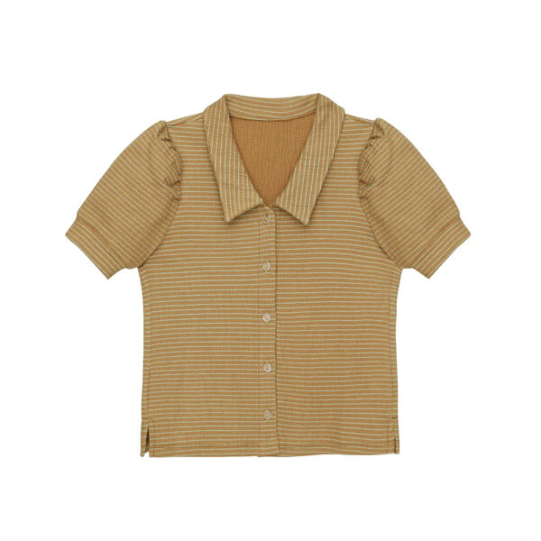 Little Hedonist puff sleeve blouse in Amber Gold for girls. This button down shirt is made from organic cotton. Sustainable kids clothing.